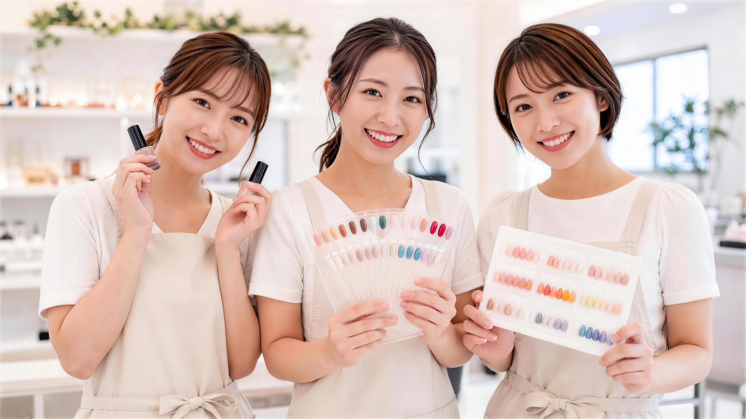 ネイルチップやマニキュアを手に持った3人の女性